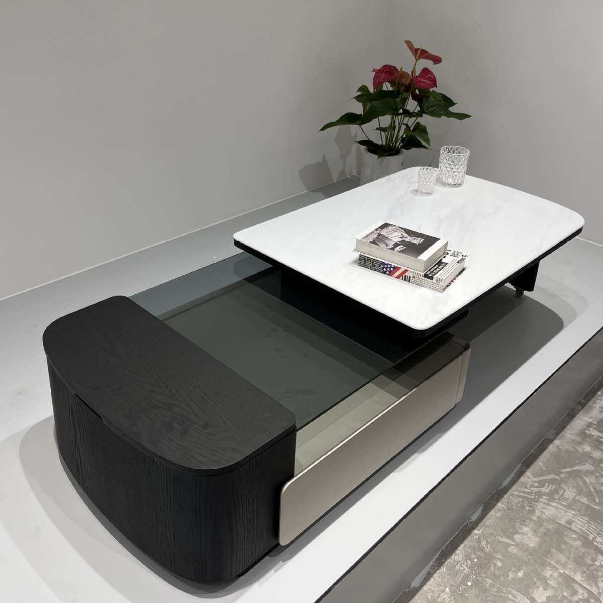 现代简约微晶石茶几小户型轻奢旋转长方形茶几伸缩电视柜地柜组合