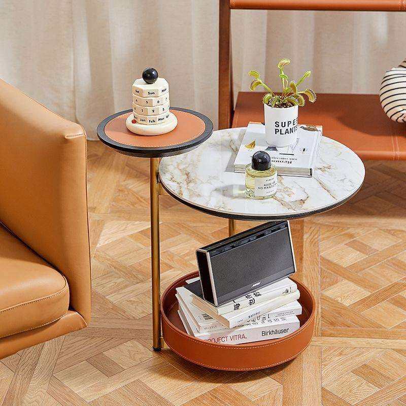 意式轻奢边几创意岩板设计师茶几家用客厅复古马鞍皮储物沙发角几