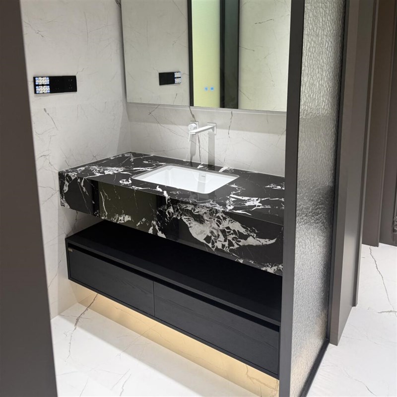 拿破仑岩板无缝陶瓷盆浴室柜组合轻奢酒I店风卫生间洗脸洗漱台定