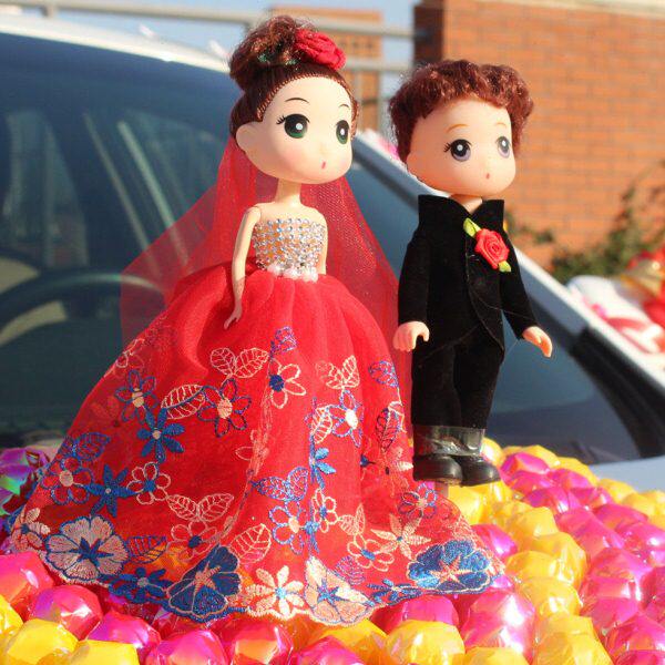 娃娃棒棒糖娃娃情侣车结婚小人车婚车装饰婚公仔头一对婚纱中式