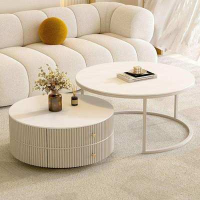 奶油风岩板茶几客厅家用小户型现代简约轻奢法式圆形茶几桌
