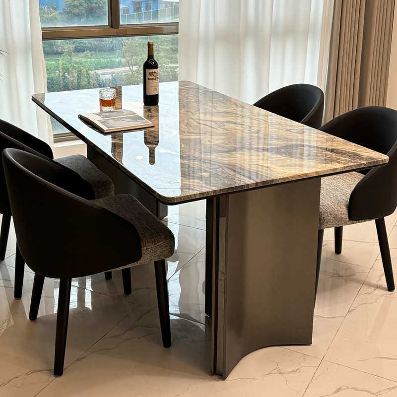 轻奢大理石餐桌椅高端组合现代简约奢石天然微晶石超晶石威尼斯棕