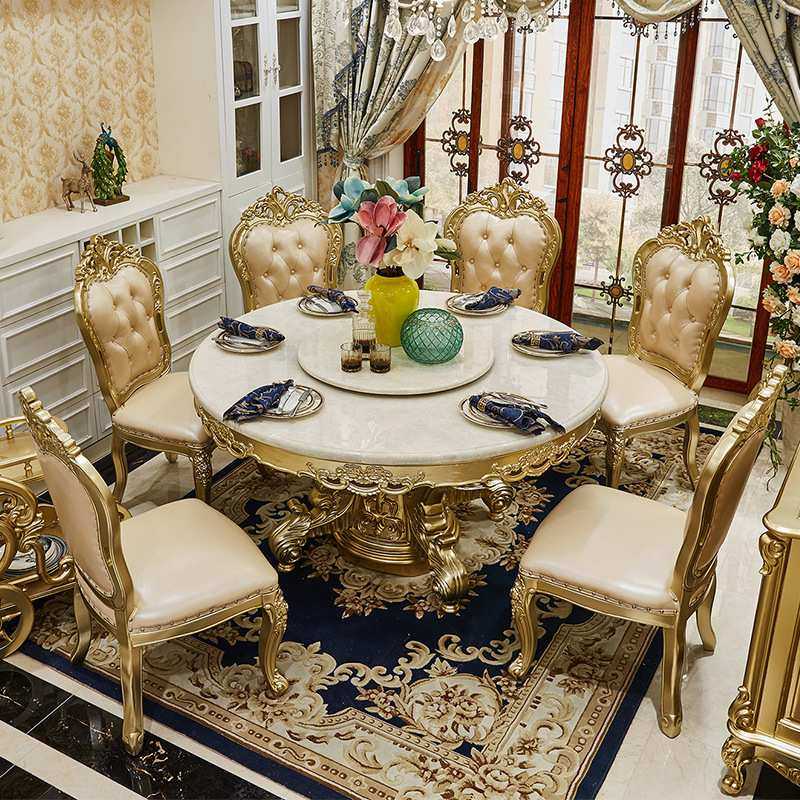 欧式大理石圆桌实木雕花餐桌椅组合美式圆形香槟金奢华家用饭桌
