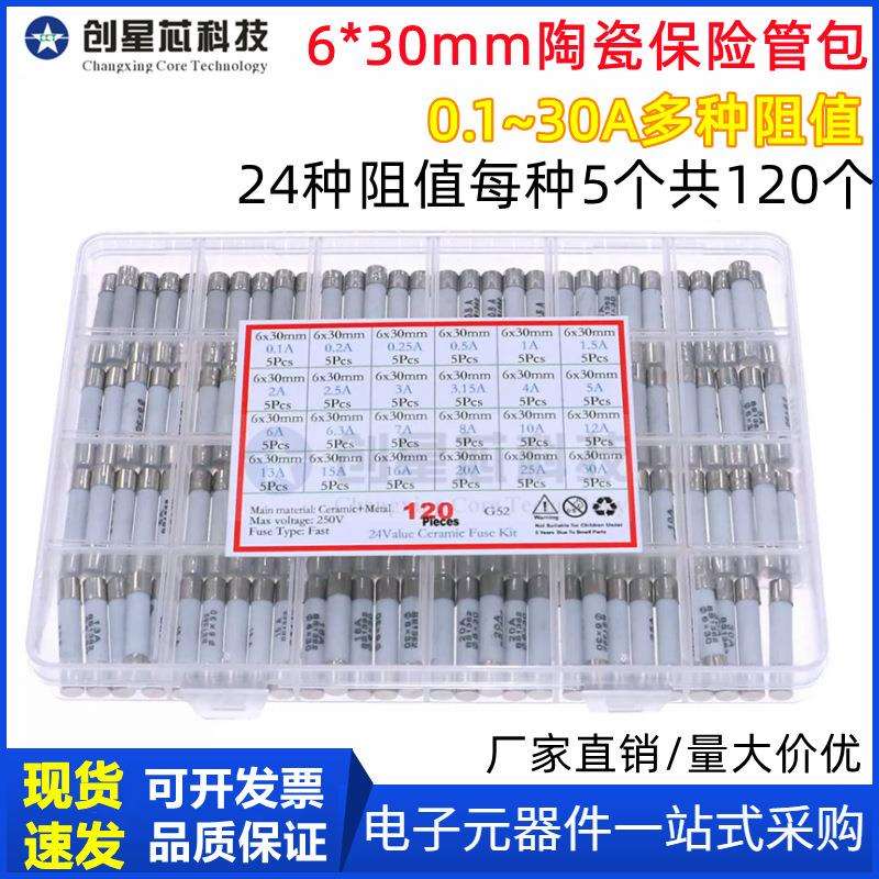 24种120个6*30mm陶瓷保险管熔断器汽车家用常备保险丝0.1~30A盒装