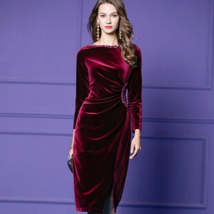 2020秋冬新款 领口腰间钉珠连衣裙