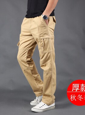 加厚休闲裤男春夏薄款大码多口袋工装裤男潮牌直筒宽松运动长裤子