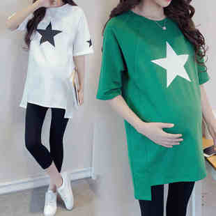 孕妇装夏套装外出时尚款潮辣妈个性夏装短袖t恤上衣中长款夏季女