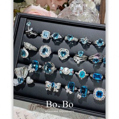 蓝戒指女帕超海锆石洋仿显蓝指环轻奢拉戒海蓝宝川湖食指白微镶冰