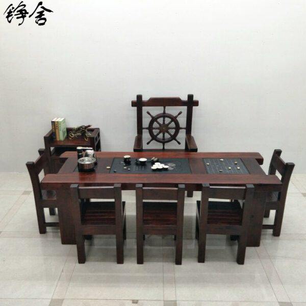 泡可伸缩实木家具阳台小茶几老办公沉桌椅组合新款不铮舍船木茶台