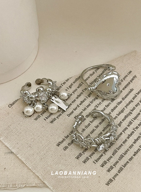 好看!冷淡风珍珠吊坠流苏爱心缠绕锆石戒指无性P别男生指环13792