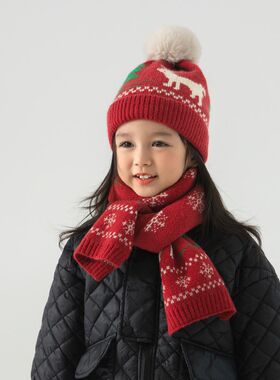 新年红色儿童帽子围巾套装秋冬季女童毛线帽圣诞男童围脖宝宝针织