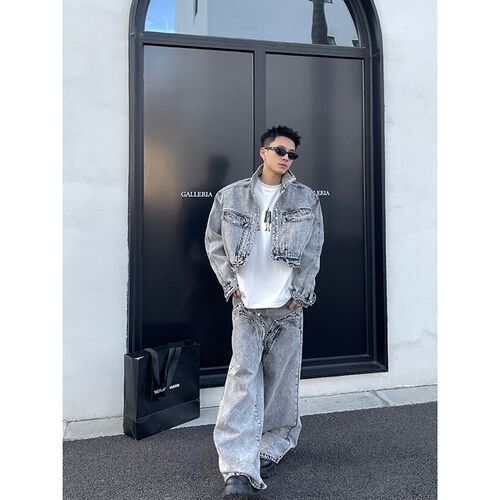 PLTH*复古美式解构水洗灰牛仔套装高级宽松短牛仔上衣直筒牛仔裤