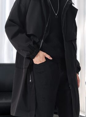 特大码设计感中长款男士风衣秋季潮牌机能大衣外套加肥加大码男装