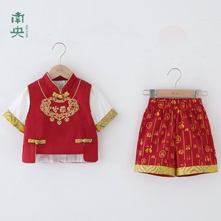 儿童唐装夏季短袖宝宝周岁礼服男童汉服中式古装抓周宴中国风衣服