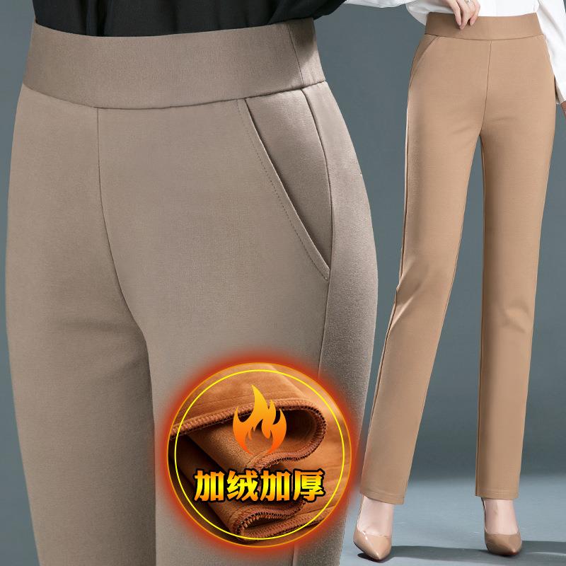 秋冬加绒加厚松紧腰中年妈妈小直筒裤弹力高腰显瘦保暖棉裤女长裤