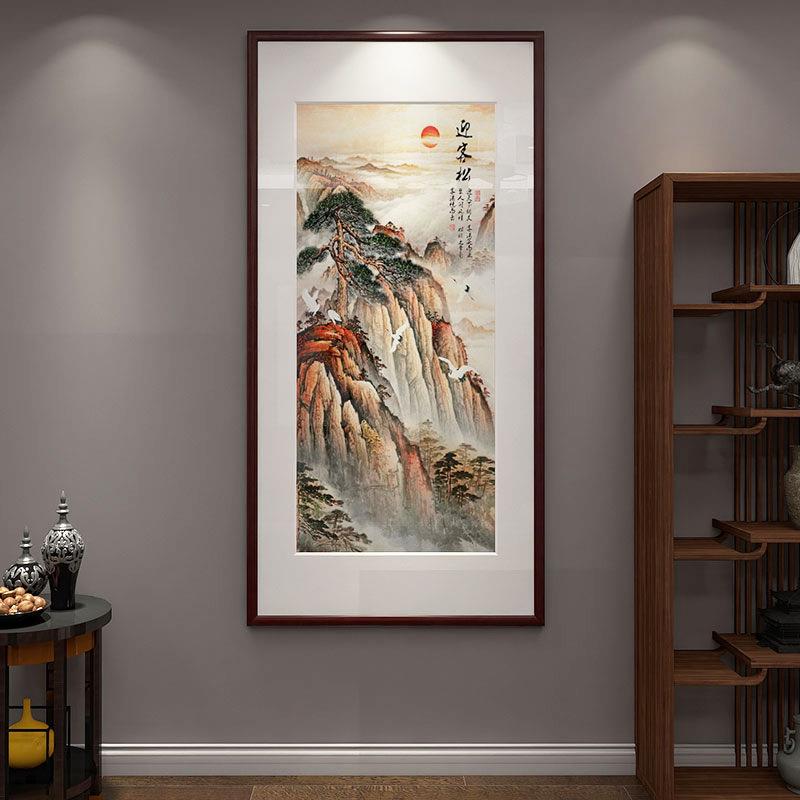 新中式玄关入户装饰画迎客松国画走廊过道挂画楼梯间山水壁画带框