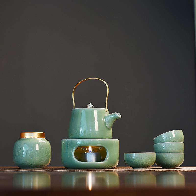 哥窑提梁壶温茶器青瓷茶壶加热底座蜡烛温茶杯保温煮茶炉茶具套装