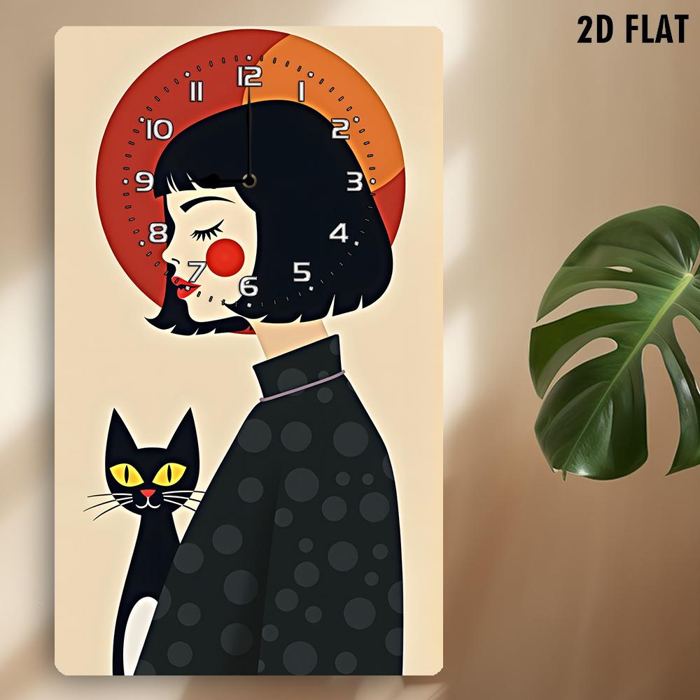 时尚女郎木质时钟,以时尚女郎和黑猫为主题的静音挂画钟客厅餐厅