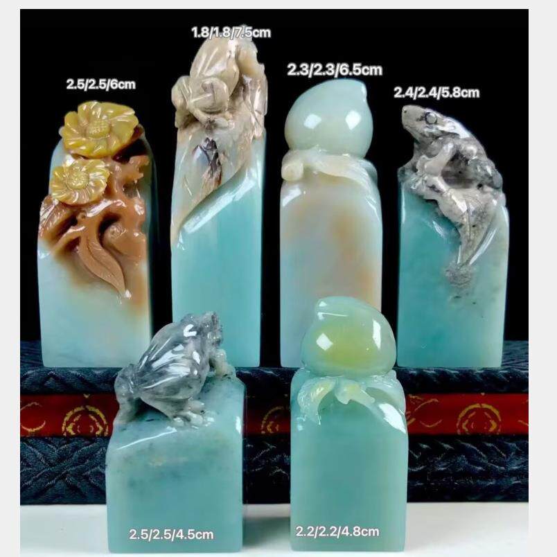 云南结晶天青蓝花鸟动物印章一组正方1.8-2.5高4.5-7.5寿山石配盒