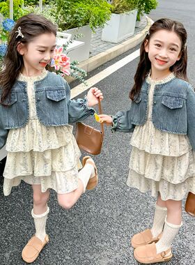 女童洋气宽松春秋季碎花长袖连衣裙宝宝2024新款牛仔外套裙子套装