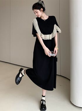 冷淡风高级感短袖连衣裙女夏季新款胖mm减龄荷叶边大码宽松t恤裙