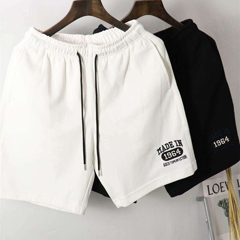 新品男士松紧五分中裤运动卫裤刺绣直筒宽松休闲短裤子厚实潮流裤