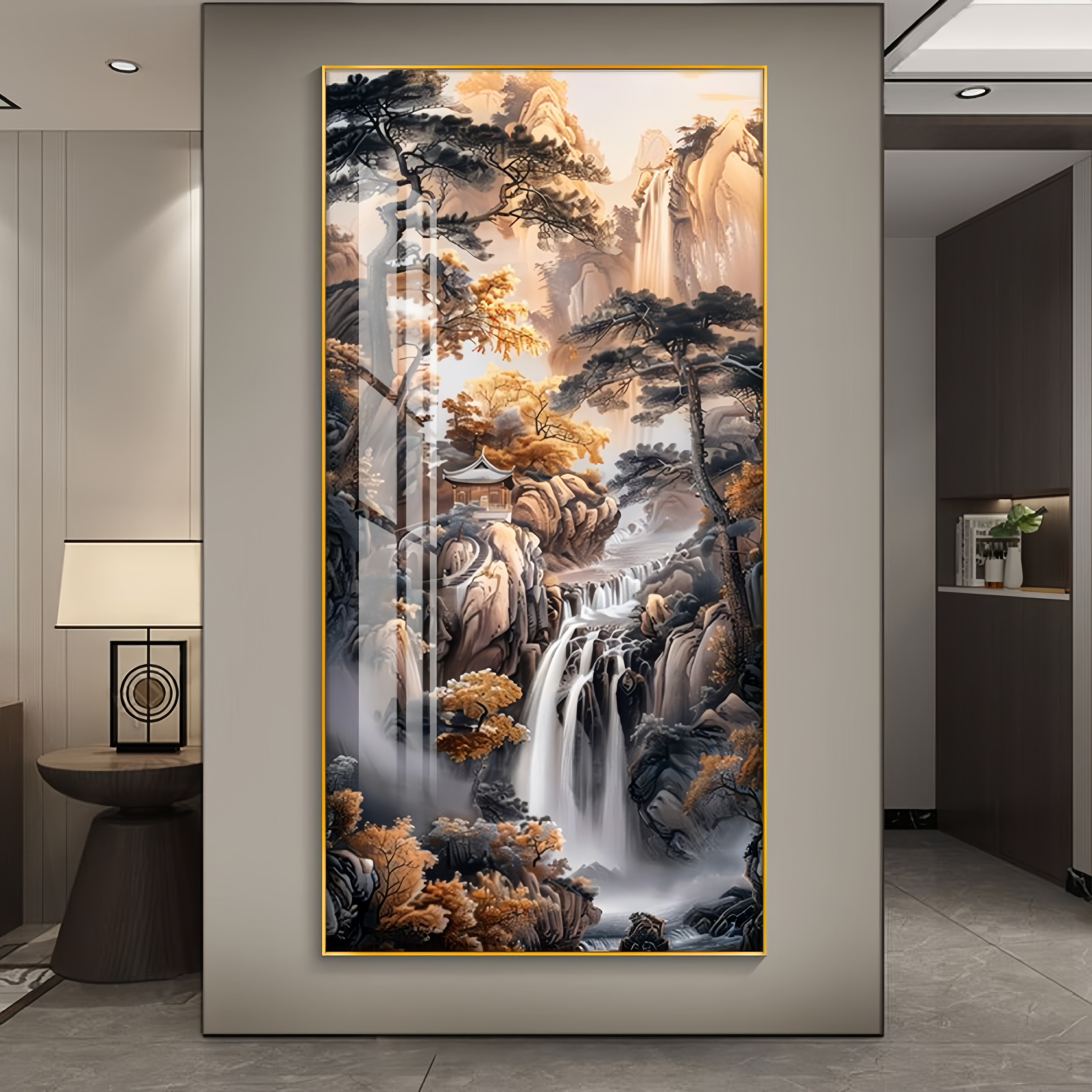 流水生财玄关挂画竖版立体入户画正对门山水画客厅走廊过道装饰画