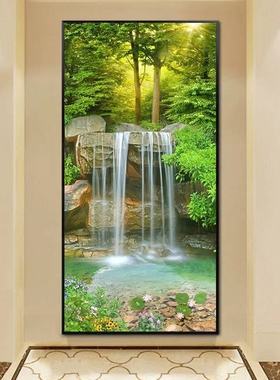 入户玄关装饰画靠山壁画廊过道挂画单幅竖版走流水生财山水风景画