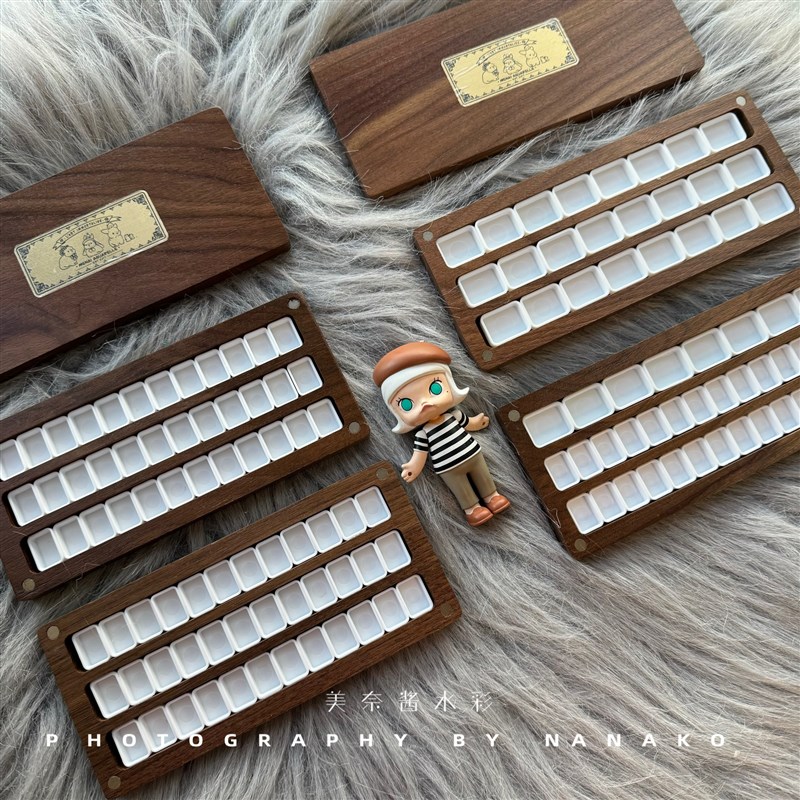 胡桃木水彩分装双层盒兔s子黄铜片盒子美甲收纳空盒定制颜料木盒