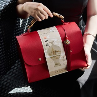 2025中秋古画手提竹节红色皮包8粒空盒冰皮蛋X黄酥礼品盒子