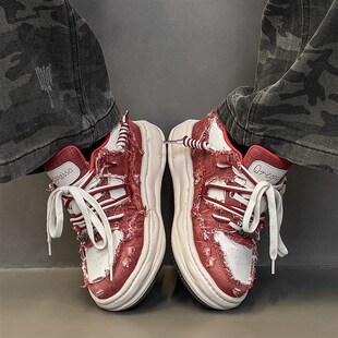 子男鞋 情侣鞋 潮 7cm男女C红色厚底帆布板鞋 小众设计感溶解底增高鞋