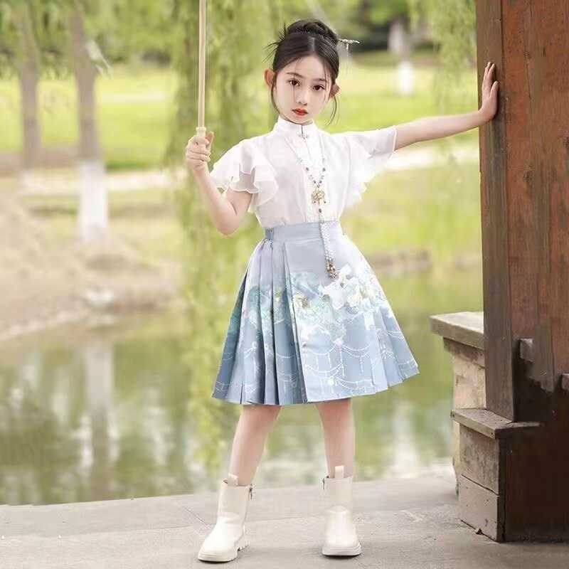 马面裙套装女童2024新款儿童汉服古风中国风马面短裙春夏短袖女款图片