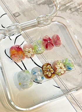夏日花花夏威夷度假风短款彩色立体小花晕染美甲纯手工定制穿戴