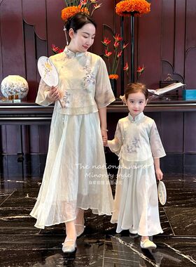春夏汉服改良新中式盘扣套装儿童古装女童江南水乡母女款国风套裙