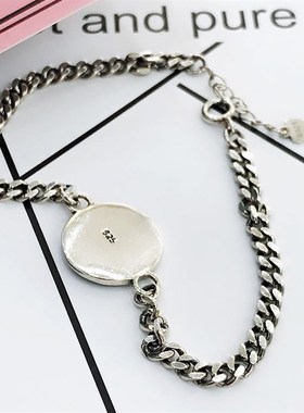 山本银韩版风挫平N型链男女士手链925银复古圆牌六芒星坦克链手链