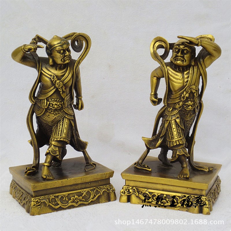 纯铜哼哈二将 黄铜千里眼顺风耳A神像摆件  家居工艺品摆件铜器礼