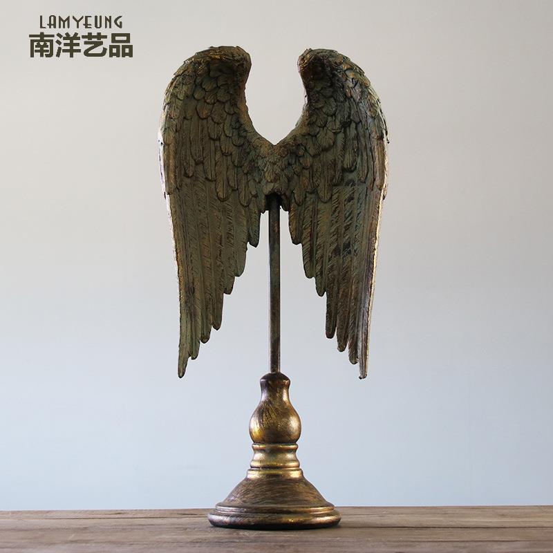 美式乡村复古做旧翅膀造型立体摆件书靠树脂家居装饰品酒柜创意