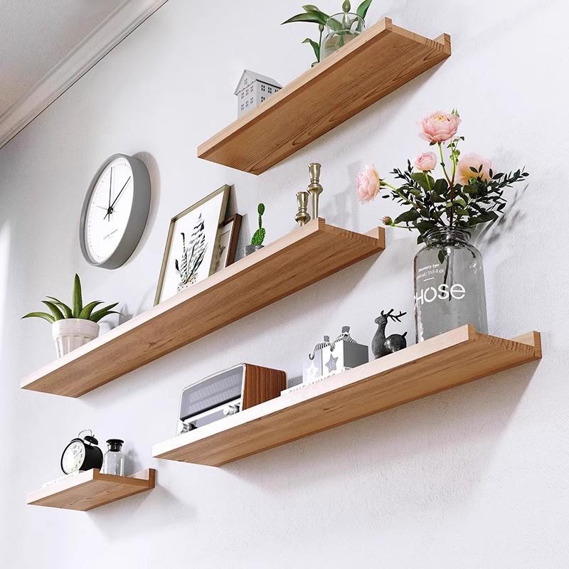 #实木墙上置物架客厅餐厅墙面装饰一字搁板免打孔美甲店壁垒德株