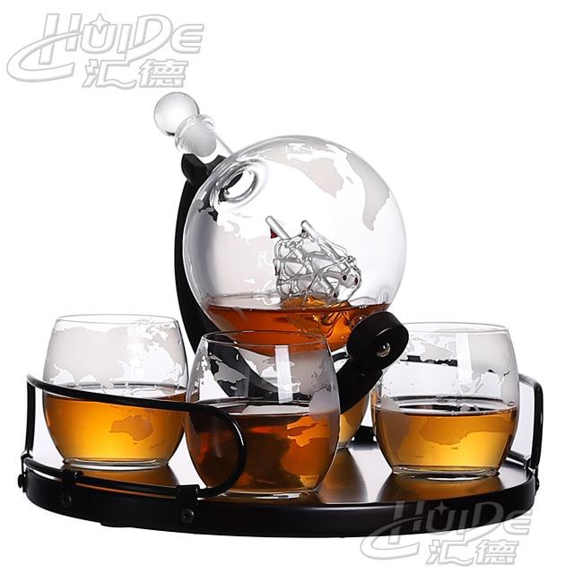 玻璃地球造型醒酒器 金属提手圆盘鸡尾酒分酒器 高硼硅玻璃酒瓶
