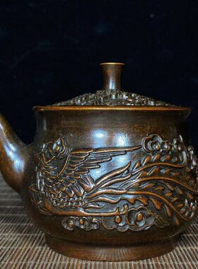 古玩收藏纯铜龙凤茶壶水壶酒壶铜器工艺品家居办公室吧台装饰摆件