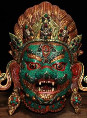 尼泊尔手工彩绘纯黄铜镶嵌宝石六臂玛哈嘎拉护法面具密宗藏佛