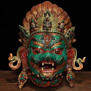 尼泊尔手工彩绘纯黄铜镶嵌宝石六臂玛哈嘎拉护法面具密宗藏佛