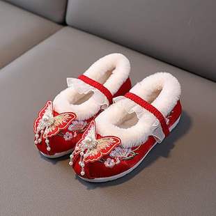 女童绣花鞋冬季儿童加绒加厚手工布鞋女宝拜年服配鞋儿童汉服鞋