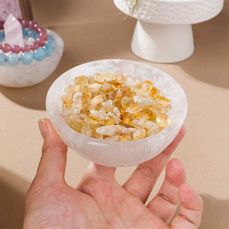 天然水晶白水晶原石消磁碗摩洛哥透石膏石白水晶碎石消磁净化器皿
