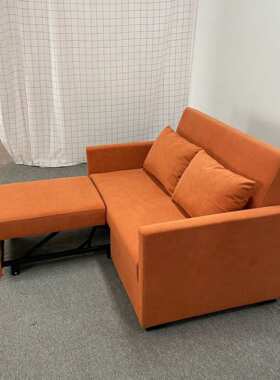 现代双拖床功能沙发床橙色绒布小户型客厅卧室坐卧两用折叠沙发床