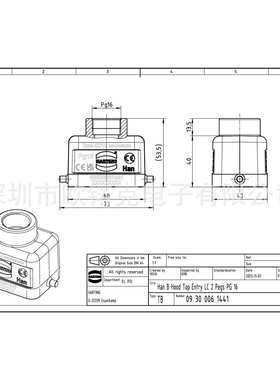 HARTING浩亭09300061441哈丁Han B矩形连接器 6 B 低结构 单锁扣