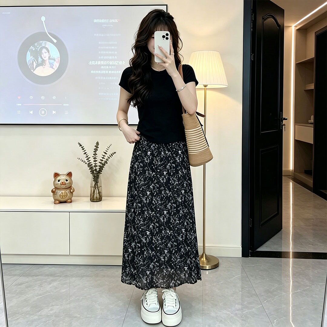 夏季韩系碎花高腰显瘦半身裙套装