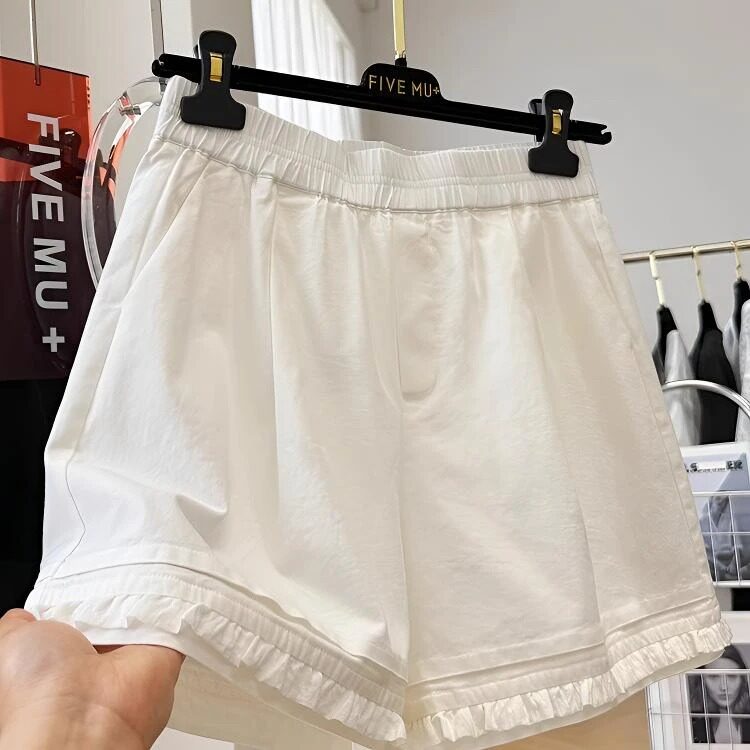 夏季纯棉白色木耳边A字短裤女