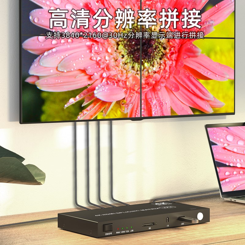 HDMI无缝拼接器一进四出分屏显示器电视屏幕拼接屏控制器2X2户外
