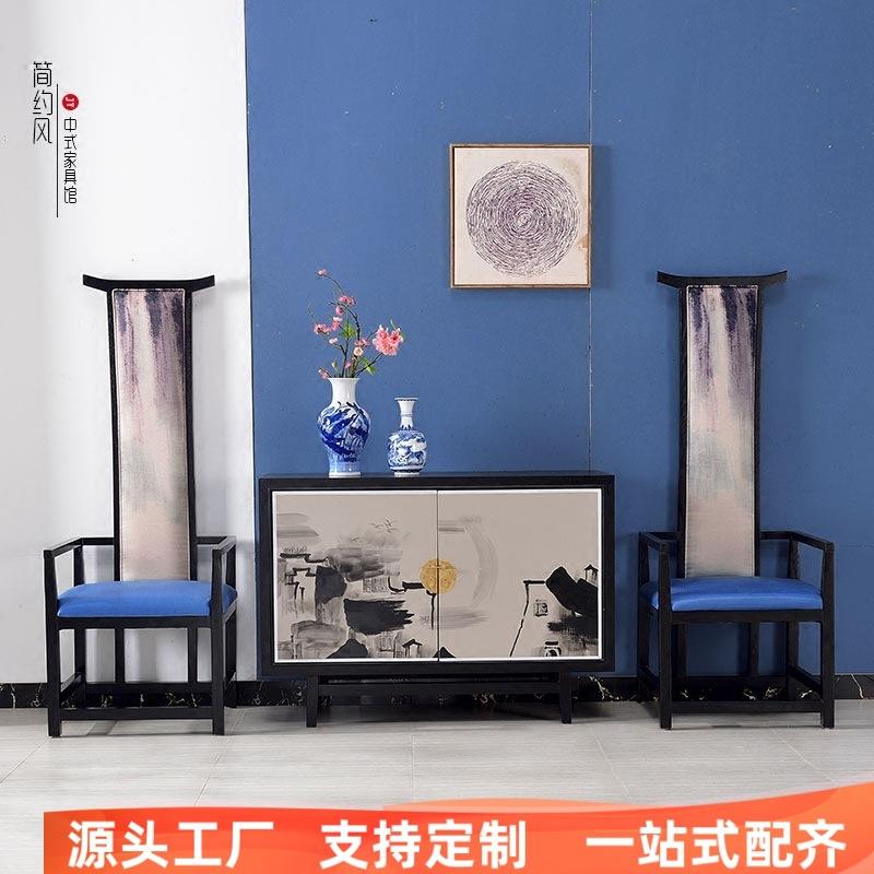 新中式玄关柜餐边柜客厅彩绘家具门厅隔断柜实木酒店大堂装饰边柜